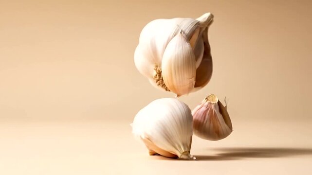 Garlic bulbs and cloves levitating in the air against a neutral background.