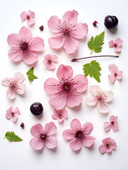 Minimalist Pink Cherry Blossoms and Berries on White Background, Spring Concept Floral Flat Lay