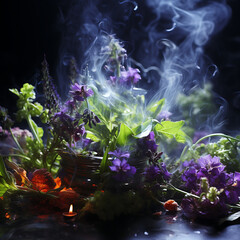 Mystical Purple Flowers with Ethereal Smoke and Candlelight, Dark Enchanted Garden Concept