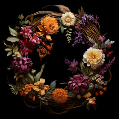 Vintage Floral Wreath on Black Background, Autumn and Fall Harvest Decorative Frame