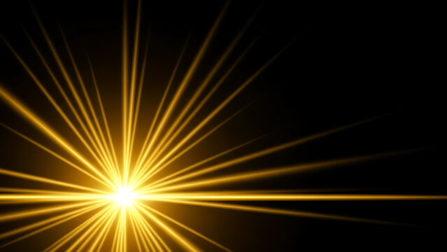Bright golden light with radiating rays on a dark black background - Powered by Adobe