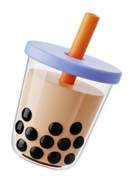 3D Illustration of a Bubble Tea Cup with Tapioca Pearls and Orange Straw