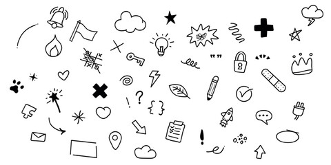 Hand Drawn Icons Set Featuring Creative Social Media Symbols and Elements. Vector icons