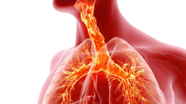Medical 3d illustration showing inflamed trachea with bronchitis or asthma on a transparent background, perfect for healthcare and medical presentations