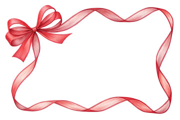 Elegant watercolor red ribbon border with bow decoration on transparent background