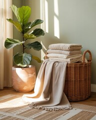 Fototapeta premium Sunlit Minimal Boho-Scandinavian Interior with Wicker Basket & Linen Throws — Hygge E‑commerce Hero Image for Sustainable Neutral Home Textiles