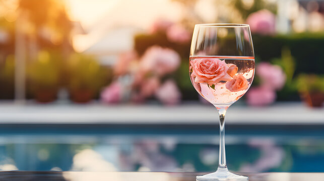 Chilled glass of rosÃ© wine by pool with dreamy floral bokeh - Powered by Adobe