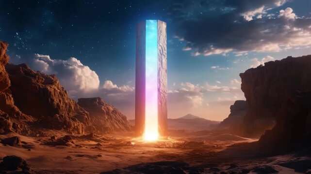 Explore the vibrant and surreal world featuring a glowing monolith in a stunning landscape. A mesmerizing visual journey that inspires awe and creativity. AI