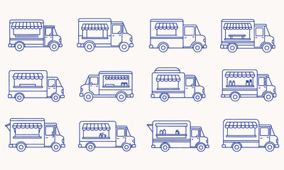 Obraz premium Twelve blue line food trucks with different setups and equipment vehicles windows