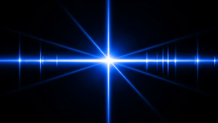 Bright blue light flare with lens flares and light beams on black
