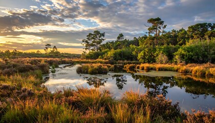 Serene Wetlands Sunrise Landscape.