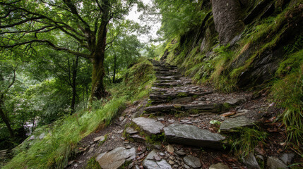 Obraz premium A stone pathway with steps ascends through the lush, green forest, inviting exploration and adventure amidst the natural beauty of the woodland terrain.
