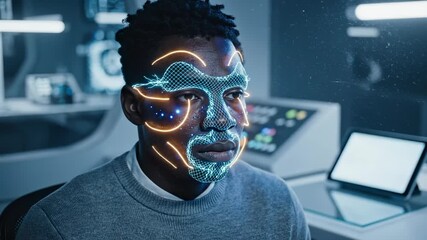 Man undergoes facial recognition scan with digital mesh overlay and biometric points in office. Face recognition technology scans man with holographic grid and light patterns. Digital face scan with b - Powered by Adobe