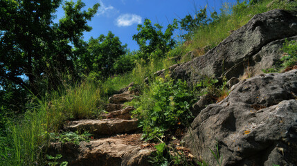 Scenic hiking path winds up a rocky hillside through lush green grass and vibrant trees under a beautiful sunny blue sky creating a peaceful outdoor adventure.