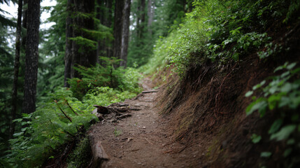 Obraz premium A winding hiking trail navigates through a lush green forest, its path bordered by thriving vegetation and towe trees on a beautiful summer day landscape.