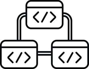 Obraz premium Code editor windows connecting in a hierarchical structure representing system development