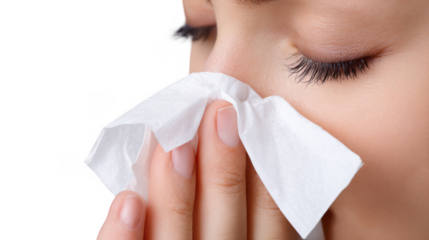 Nosebleed with tissue pressed against it, isolated on a transparent background, illustrating first aid for epistaxis and various healthcare concepts related to injury and treatment