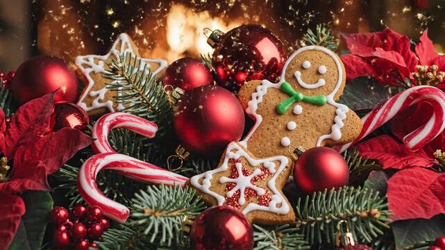 Festive holiday arrangement with ornaments cookies and decorations