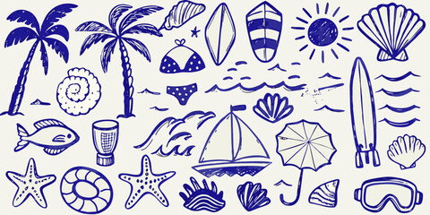 Fototapeta premium A collection of hand drawn blue summer beach themed illustrations and icons