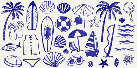 A collection of blue sketched summer elements beach items and tropical motifs © Piku