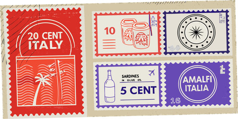 Fototapeta premium Vintage italian postage stamps featuring food currency and decorative designs