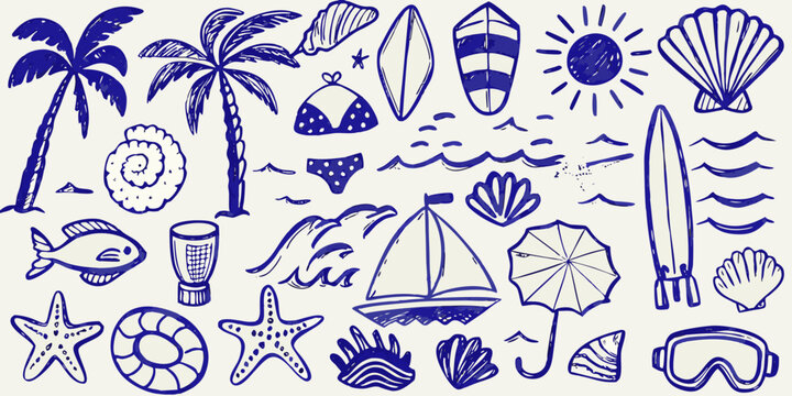 A collection of hand drawn blue summer beach themed illustrations and icons
