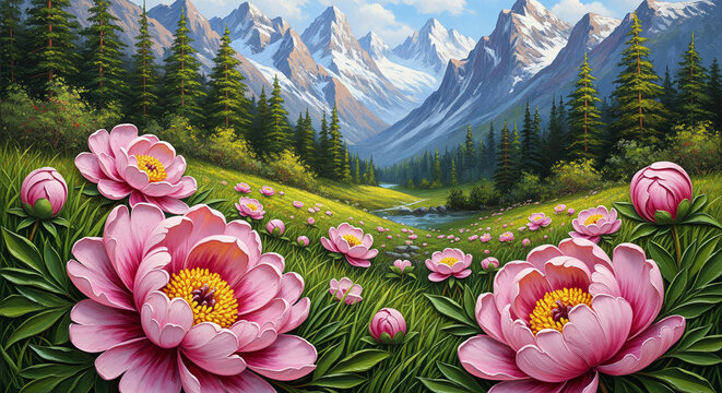 Oil Painting of Alpine Valley with Pink Peonies relief wallpaper for mural wall art, canvas print, wall decor painting design