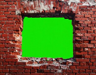 Broken brick wall with a green screen hole