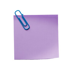 Single purple sticky note secured by a bright blue paper clip, ready for reminders, messages, or organization, against a simple background