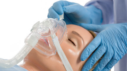 Medical mannequin head wearing an oxygen mask with tubes, isolated on a transparent background, representing medical training or respiratory procedures