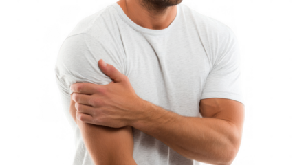 Medical illustration highlighting rotator cuff muscles and tendons in yellow and red, indicating strain injury on a transparent background for clear visualization of shoulder anatomy