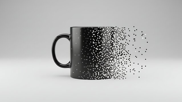 A black mug dissolving into a digital pixel effect, representing decay and change