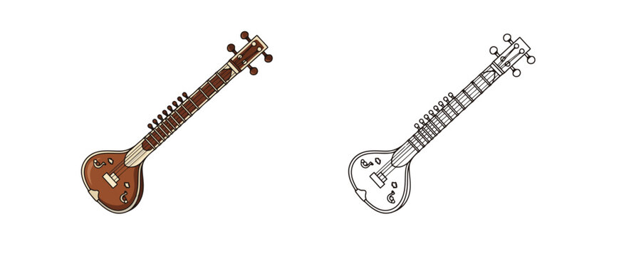Indian sitar musical instrument in colored and line art styles in brown and white colors representing traditional music and string equipment