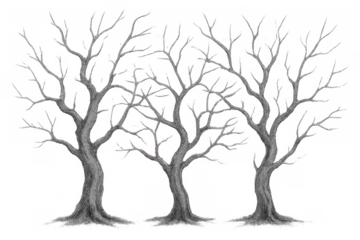 Bare winter trees with gnarled branches on transparent background, symbolizing death, old age, and isolation
