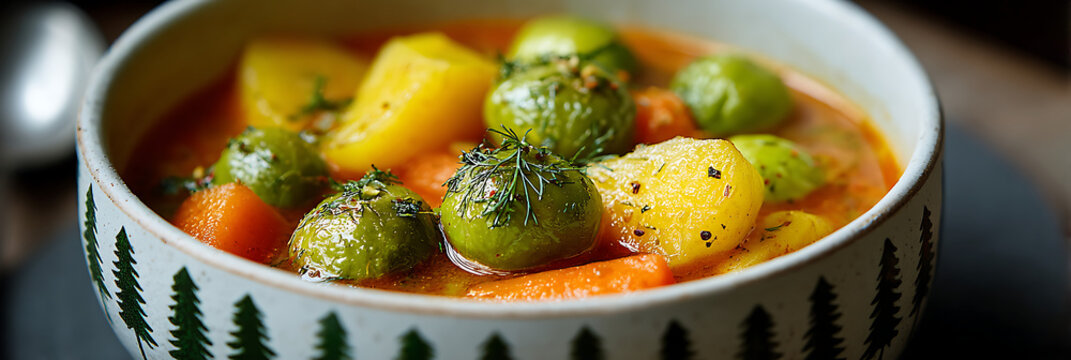 Hearty Homemade Vegetable Stew with Brussels Sprouts Potatoes Carrots and Fresh Dill in Decorative Ceramic Bowl for Comfort Food Photography