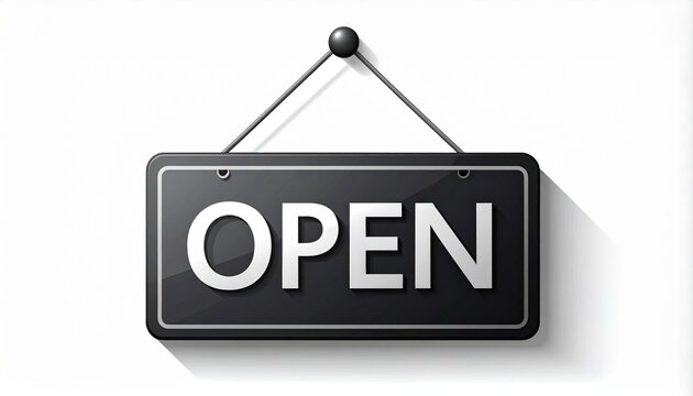 Open sign hanging on a white background, black rectangular board with 'OPEN' text, business status indicator, shop entrance, store hours, welcome message