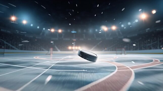 Exciting moments of a puck sliding on ice during an indoor hockey match at a rink