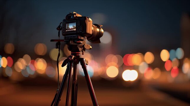 Night photography setup with camera on tripod capturing city lights and movement