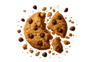 Broken chocolate chip cookie scattering crumbs and chocolate chips, delicious baked dessert on transparent background