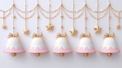 Obraz premium Five White And Pink Christmas Bells With Gold Stars And Garlands Decorating White Background