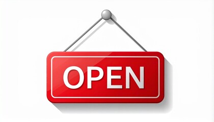 Red 'OPEN' sign hanging, welcoming customers to a business, store, or shop. Isolated on white background with shadow, indicating availability and readiness for service.