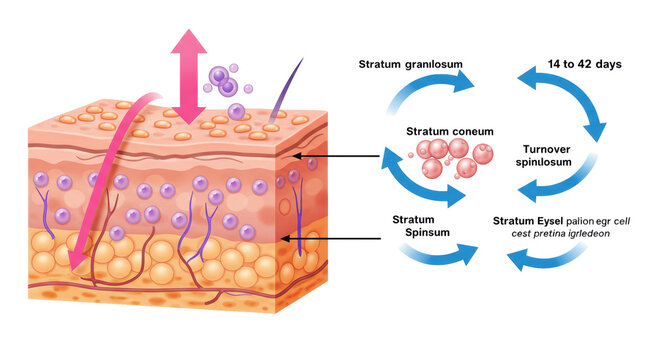 Detailed cross-section of mammalian epidermis with stratum corneum, granulosum, spinosum, basale layers and turnover arrows, against a transparent background, educational diagram concept