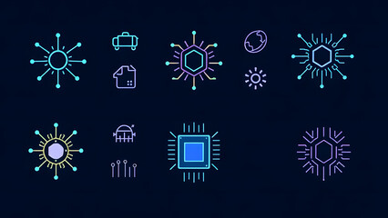 Neon Line Art Tech Icons Set: Modern Digital Data, AI, and Connectivity Symbols on Dark Background