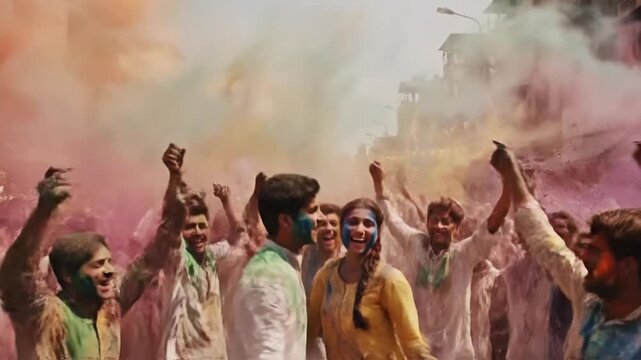 Holi Festival Street Gathering Filled with Colors