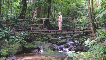 A woman standing on bamboo bridge over the waterfall in the forest
