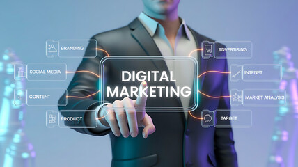 Businessman interacting with futuristic digital marketing interface