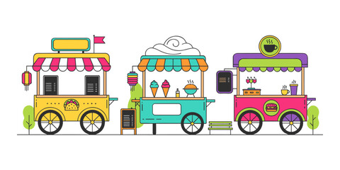 Naklejka premium Street food carts offering tacos, ice cream, and coffee