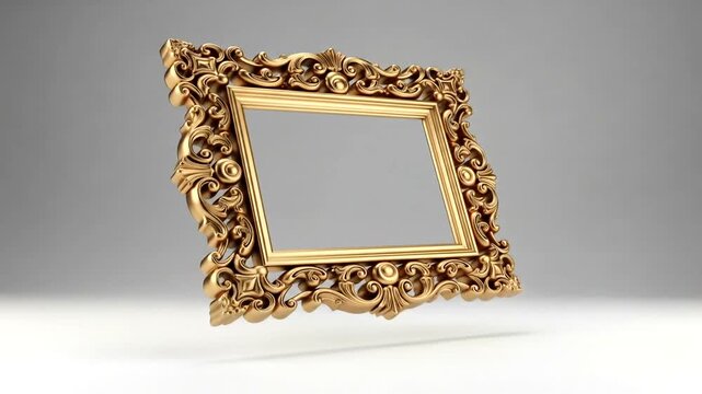 Luxurious Golden Ornate Picture Frame Rotating in Studio Presentation.