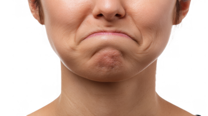 Fluffy pink emoticon is showing sadness with furrowed eyebrows and downturned mouth, conveying a feeling of disappointment or unhappiness on a transparent background