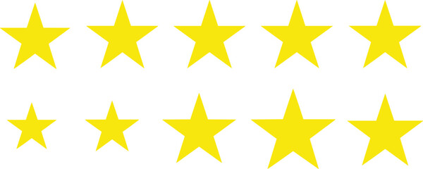 Yellow star rating icon set with different sizes representing review, feedback, quality score, and customer satisfaction illustrated in clean flat vector style isolated on white background